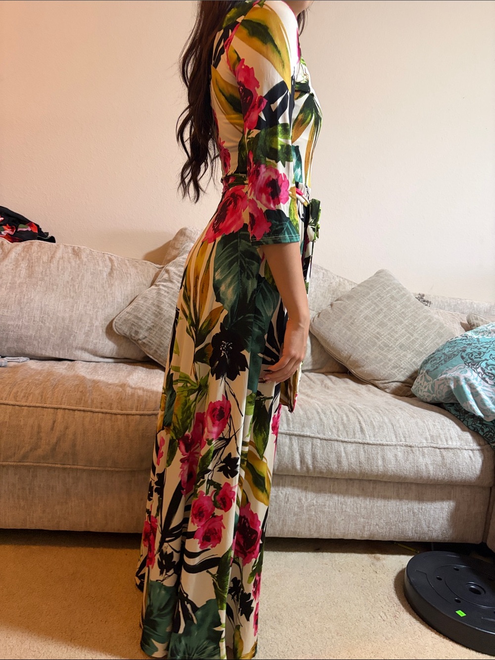 Pinkblush White Maxi Dress with Pink Floral & Green Leaf Print